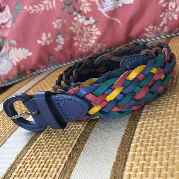 Vintage Leather Multicolor Navy Blue Yellow Green Burgundy Woven Belt Size M/L - Picture 7 of 7
